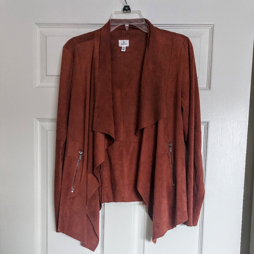 Faux Suede Burnt Orange Draped Wrap Jacket with Zipper Pockets